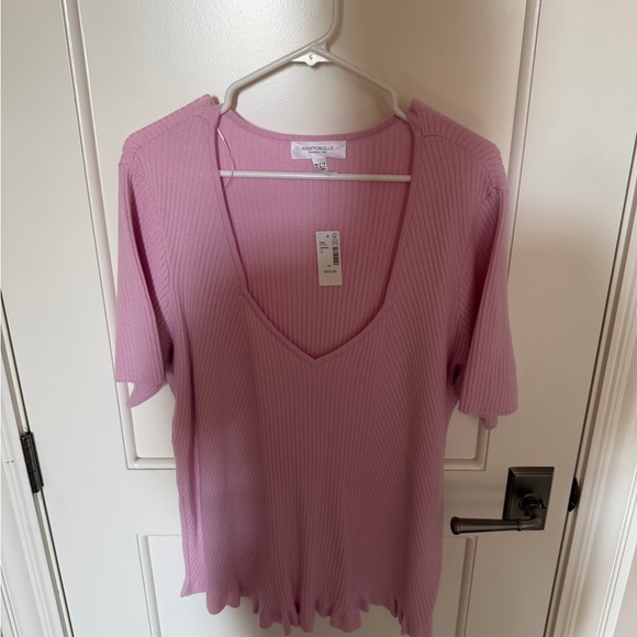 Addition Elle Soft Pink V-Neck Ribbed Tee - Picture 1 of 3
